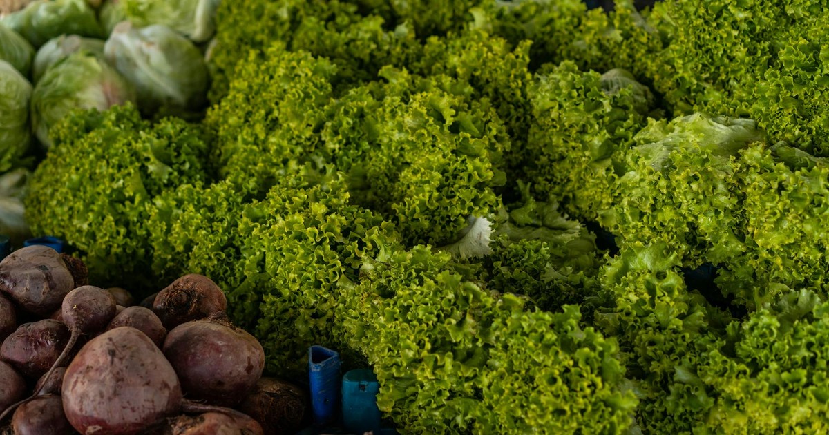 Close-up of various fresh vegetables including lettuce and beets at a market.