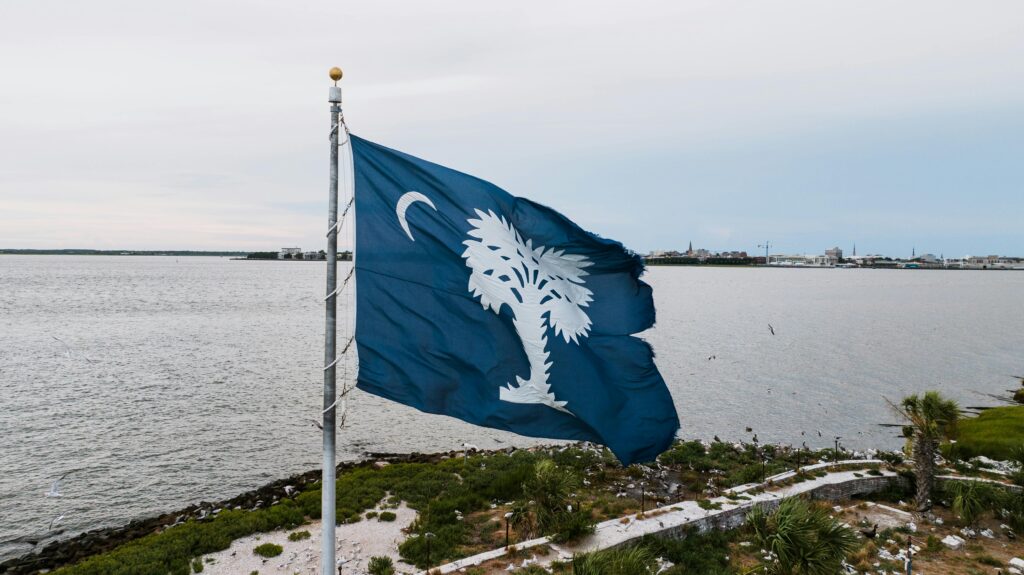 The South Carolina state flag, dark blue with a white palmetto tree and crescent moon, flying on a pole near a coastal shoreline.
