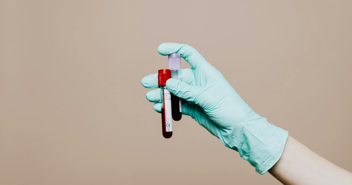 Close-up of a gloved hand holding blood test tubes against neutral background.