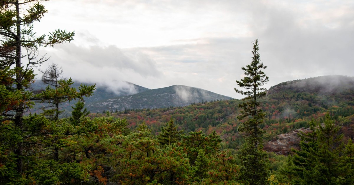 Beautiful mountain view with autumn foliage and mist in Maine, USA.