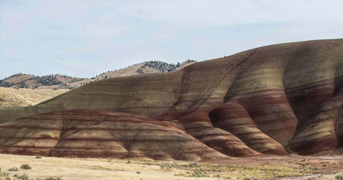 Breathtaking view of the colorful Painted Hills in Oregon on a clear day.