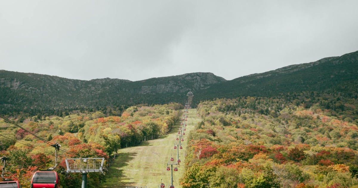 A stunning view of red gondolas ascending a forested mountain landscape in autumn.