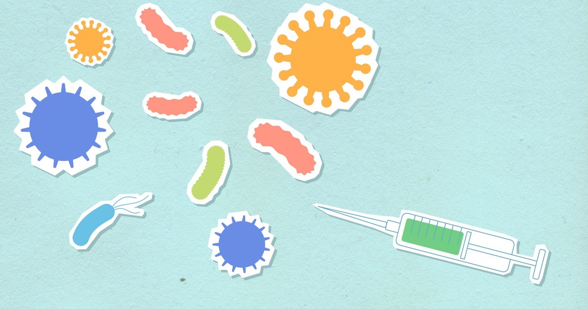 Paper cutout types of various contagious viruses and syringe with medical remedy for preventing spreading of disease on blue background