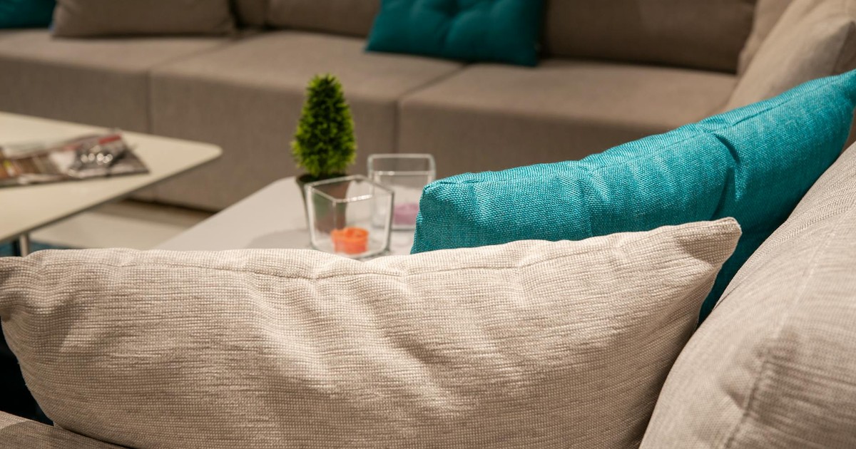 Stylish indoor living room with a modern sofa, colorful pillows, and home decor.