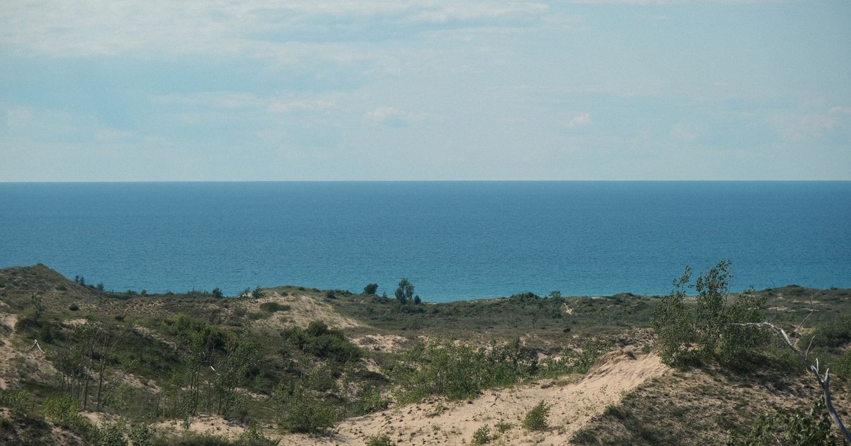 Beautiful landscape of dunes and Lake Michigan viewed from Maple City, MI.
