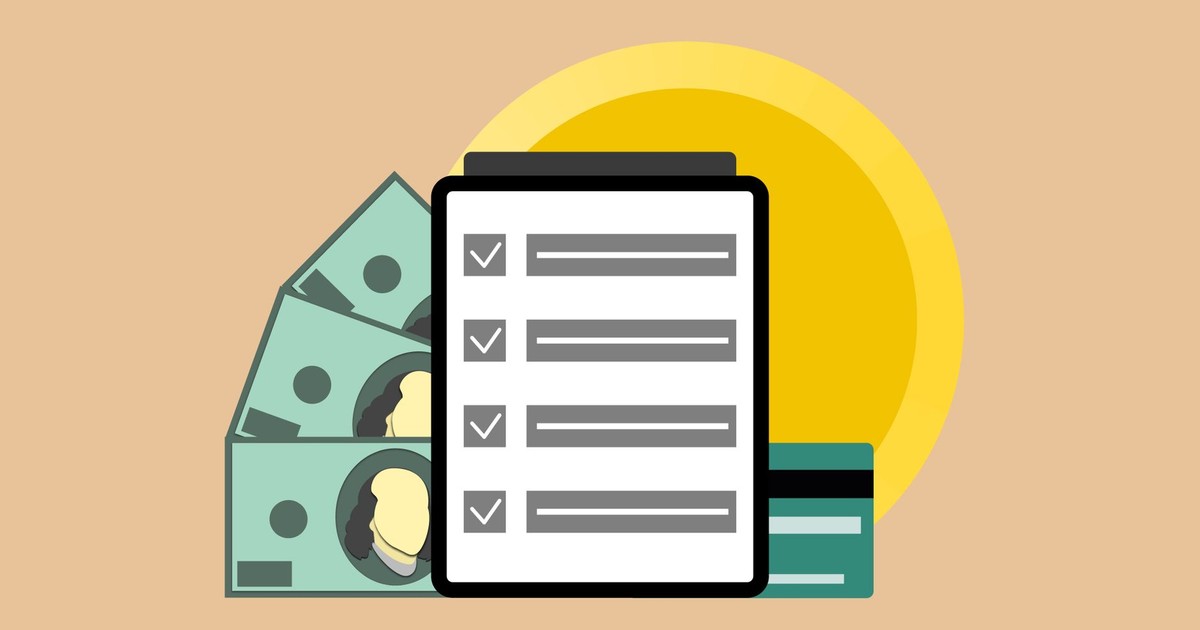 Vector illustration of modern tablet with check marks placed near dollar banknotes and credit card