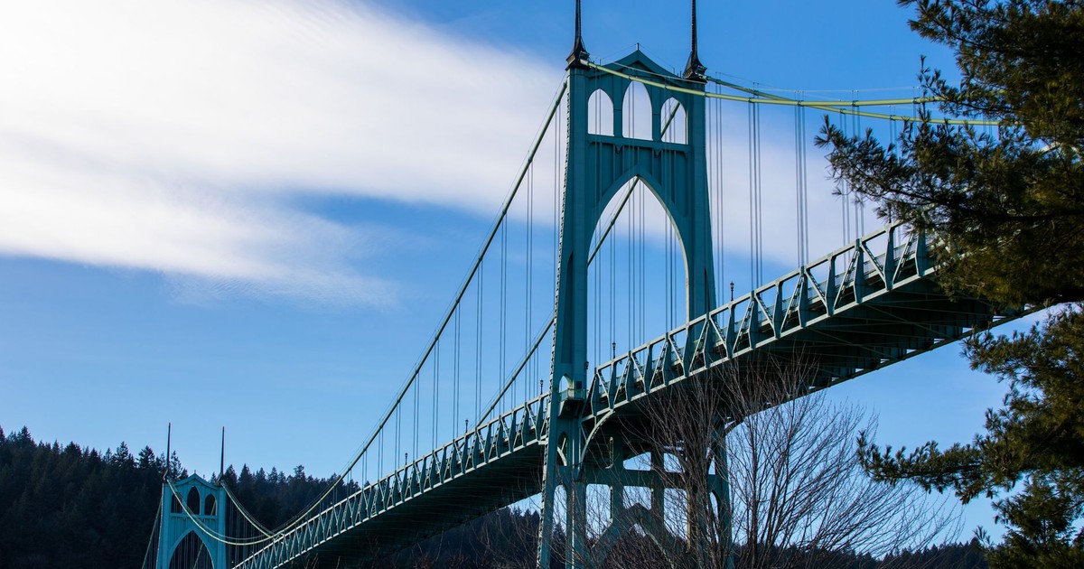 A captivating view of the iconic St. Johns Bridge in Portland, Oregon against a clear blue sky.