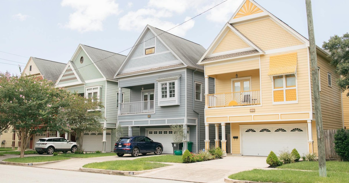 Colorful residential homes in Houston Heights neighborhood, Texas.