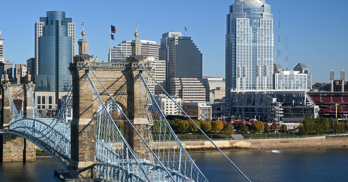 Stunning view of Cincinnati skyline featuring the historic Roebling Suspension Bridge.