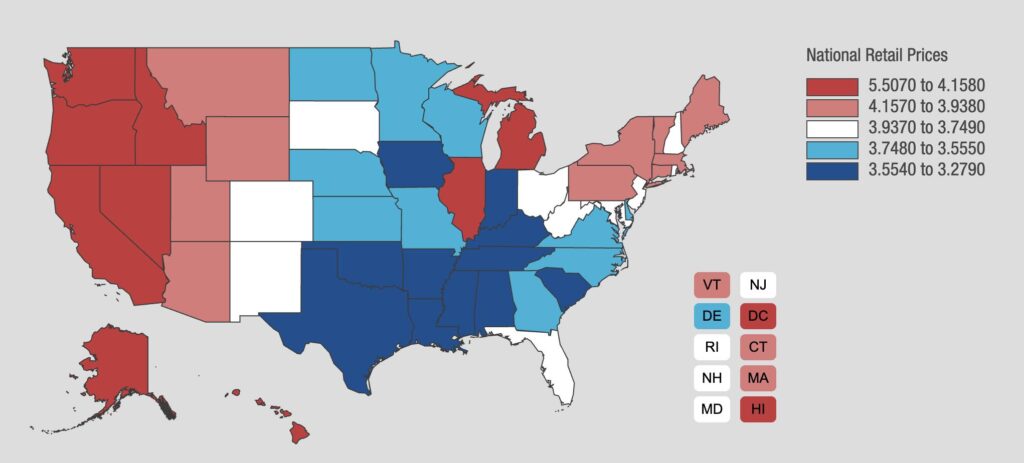 Gas prices by state as per AAA Gas Prices data