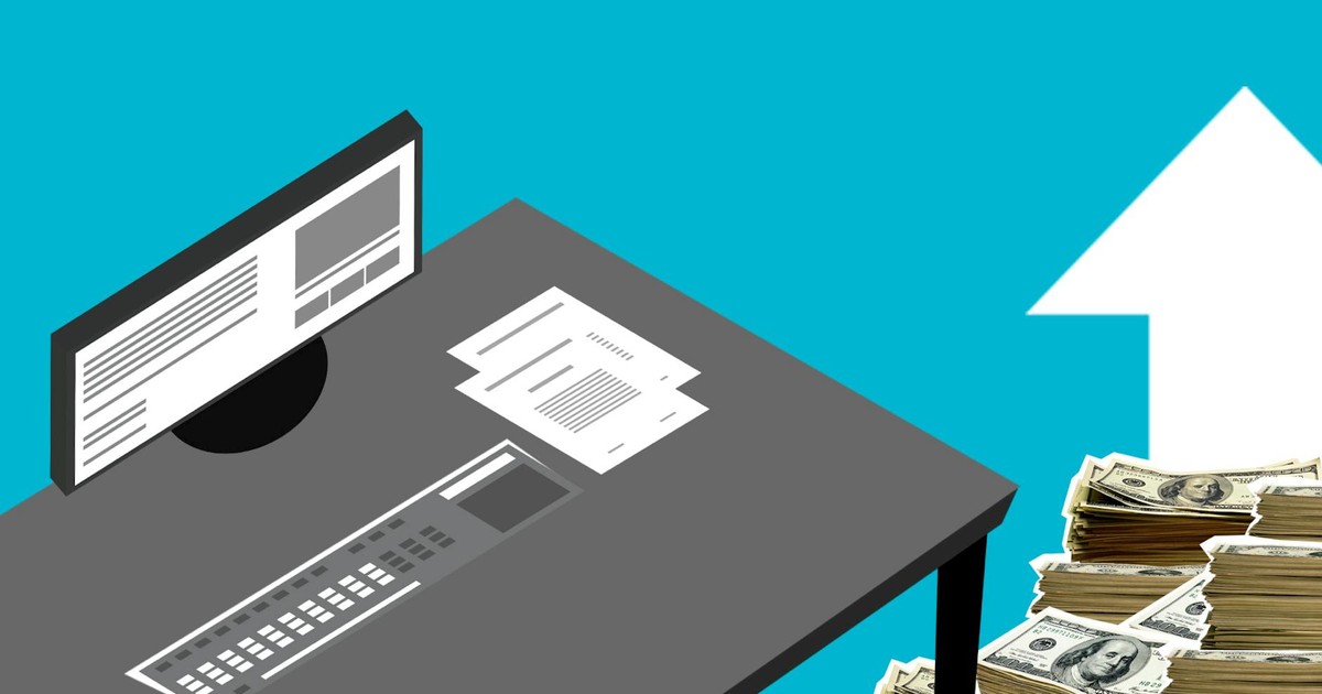 Illustration of modern computer and documents with cash and arrow up showing increase of incomes against blue background