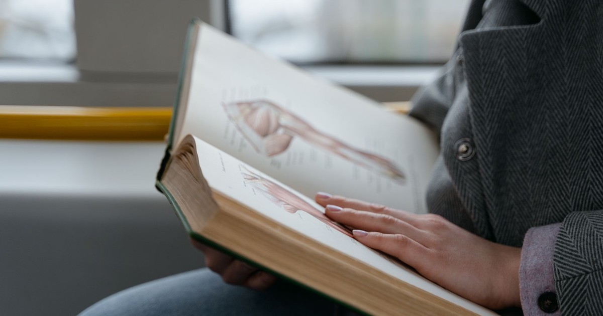 Close-up of hands holding an anatomy book, studying human muscles in a train.