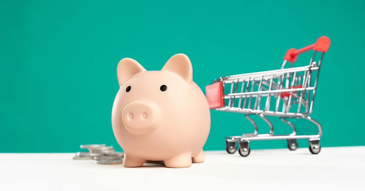 Piggy bank with shopping cart and coins on a white and teal background, symbolizing saving and spending.