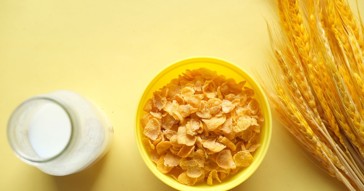 Bright flatlay of cornflakes with milk and wheat on a yellow background.