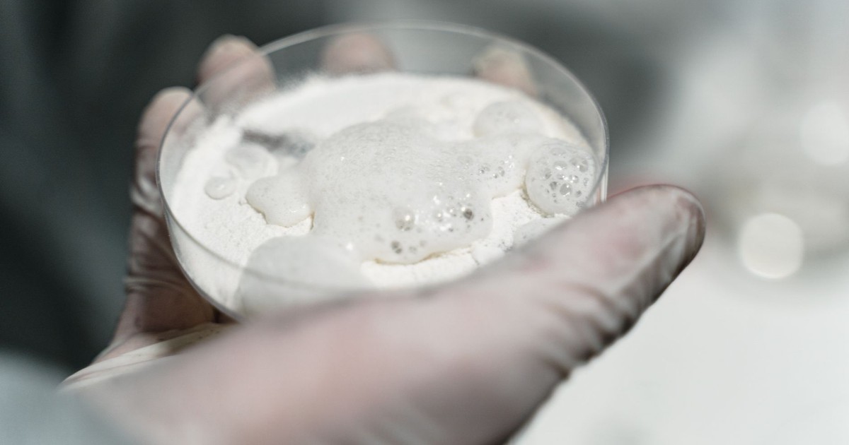 Close-up of a gloved hand in a lab holding a petri dish with a foamy substance, possibly for scientific analysis.
