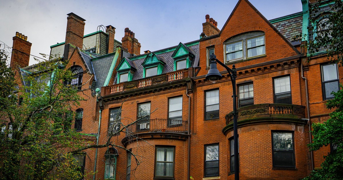 A detailed view of historic brick buildings with classic architectural elements in Boston, Massachusetts.