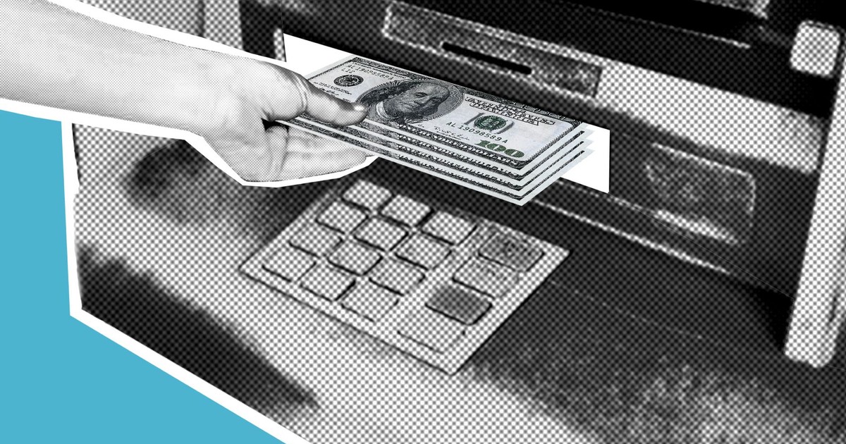 Decorative cardboard illustration of hand of person withdrawing pile of dollar banknotes from automated teller machine