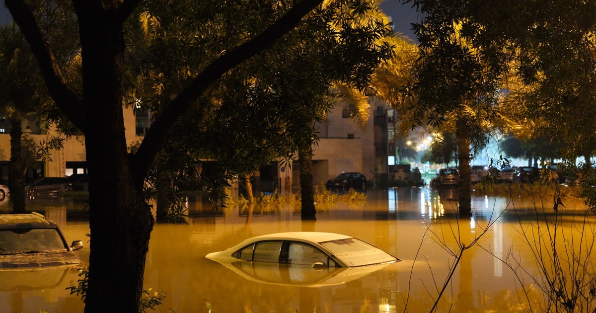 A dramatic scene of submerged cars in a flooded street surrounded by trees at night.