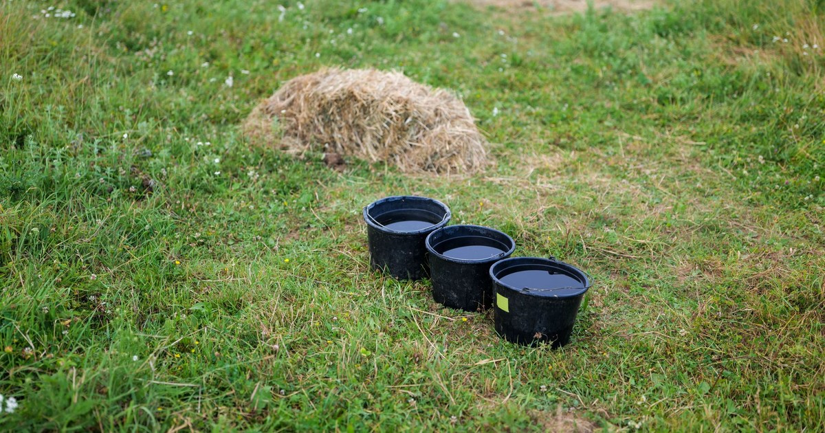 Peaceful meadow scene in Garešnica, Croatia with buckets and hay stack.