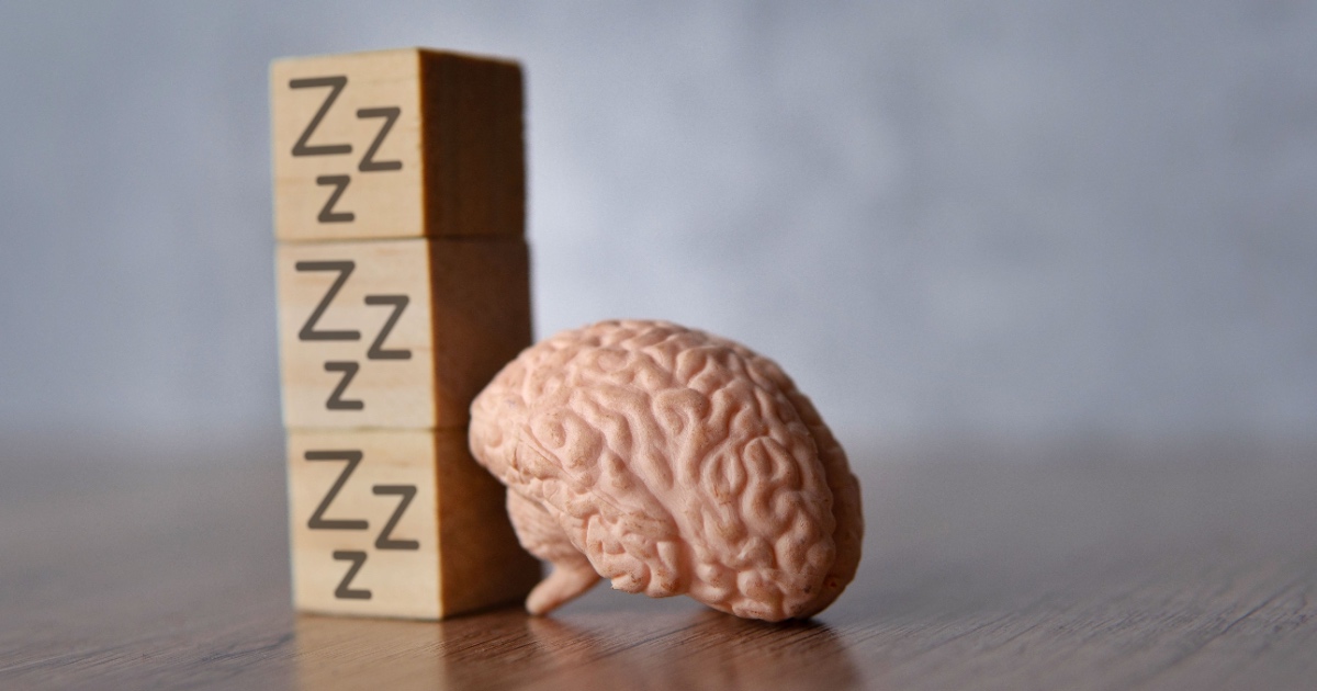 Closeup image of brain and wooden cubes with sleep icon. Tired, sleeping concept. 