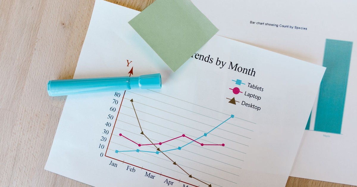 Desk with colorful graphs, sticky notes, and a marker, perfect for data analysis themes.