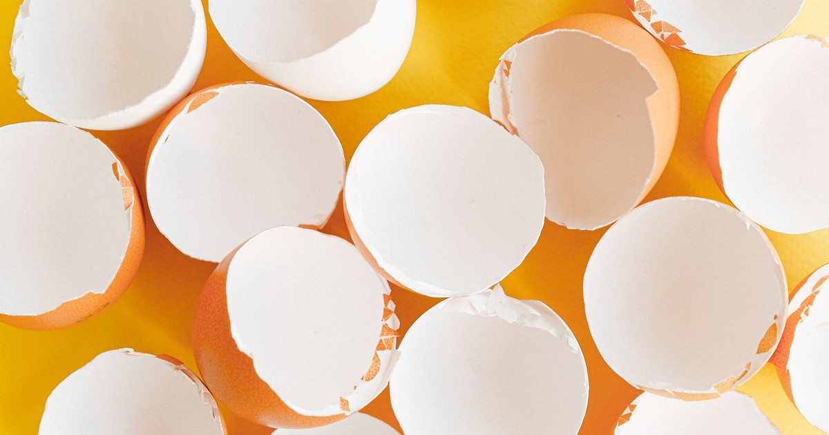 A top-down view of empty eggshells on a bright yellow surface, creating a minimalist aesthetic.