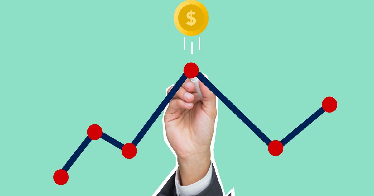 Cutout paper appliques of hand with chalk drawing graph under coin with dollar symbol on green background