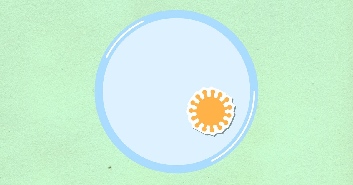 Top view of cutout paper composition of virus on round shaped cell on green background