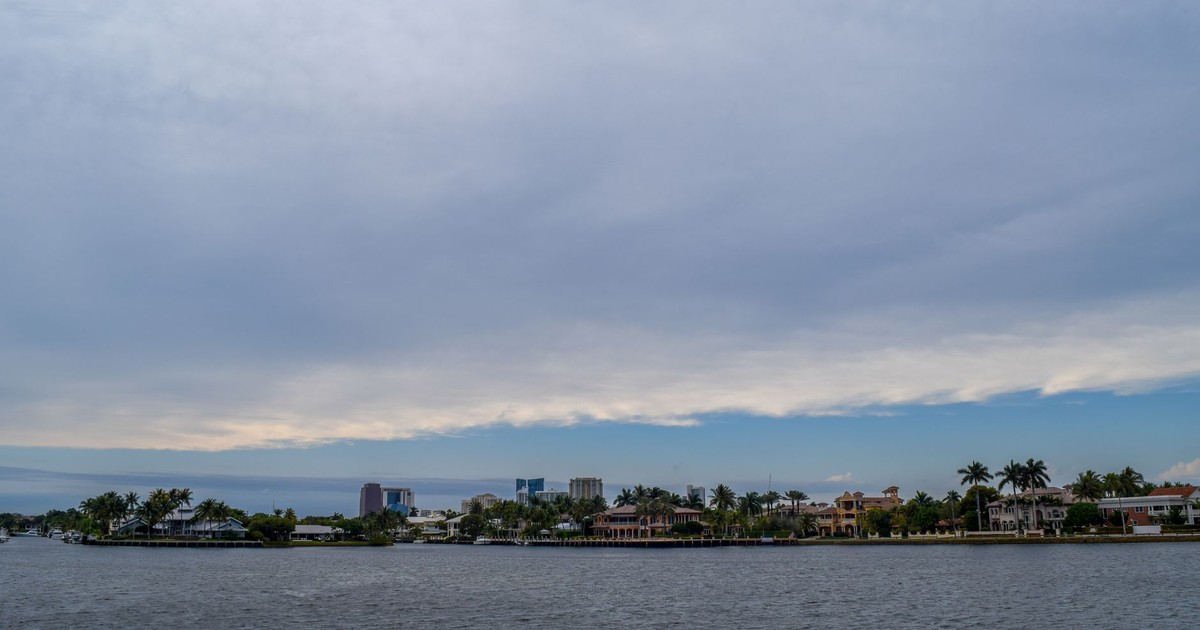 A tranquil coastal scene with tropical waterfront houses and palm trees under a cloudy sky.