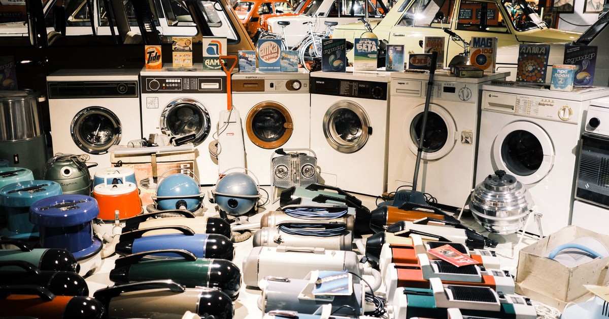 A nostalgic display of vintage washing machines and vacuum cleaners in a Bulgarian museum.