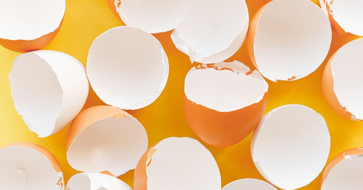 A minimalist image of scattered eggshells on a bright yellow background.