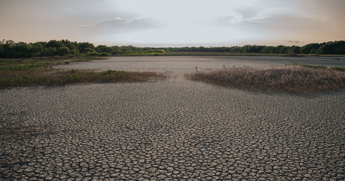 Aerial view of a cracked, dry landscape under a clear sky, highlighting climate change impact.