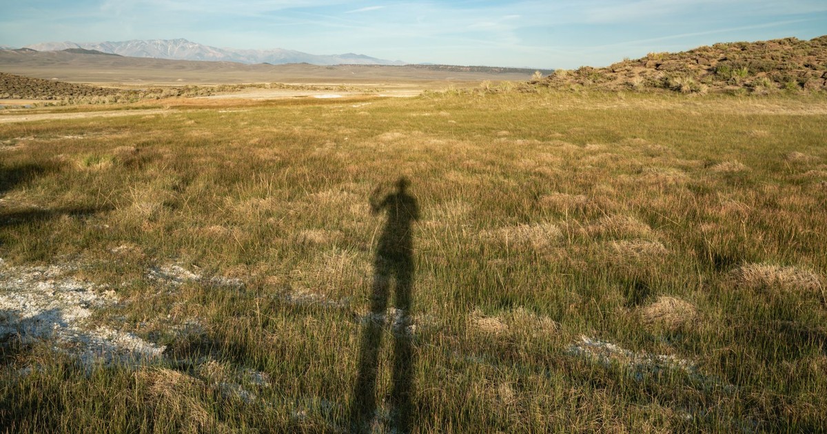 A large grassy field with distant mountains and a shadow cast by the sun setting in the clear sky.