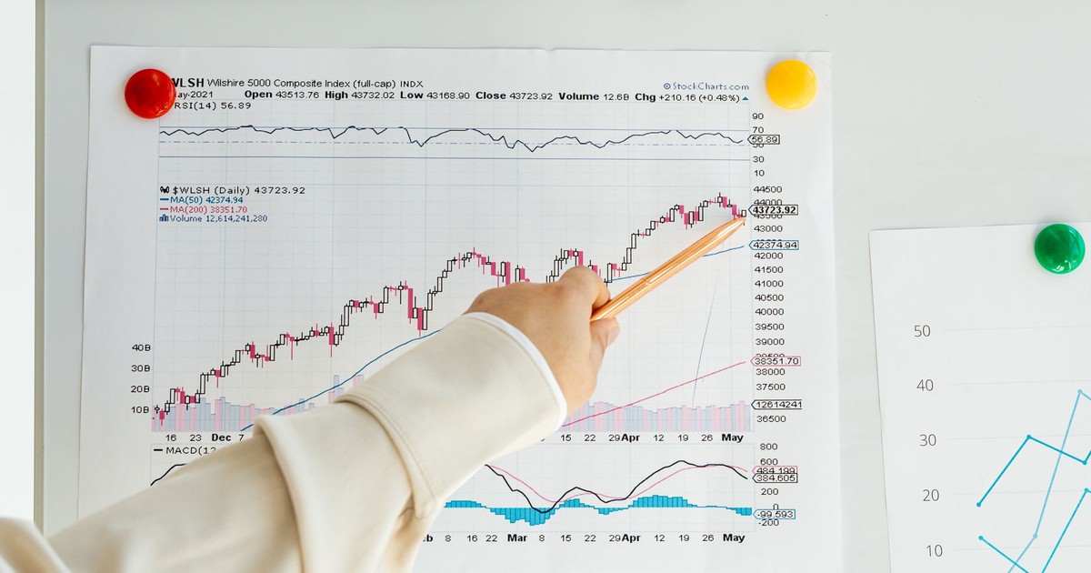 Close-up of a woman's hand pointing to data trends on a stock market chart using a pencil.