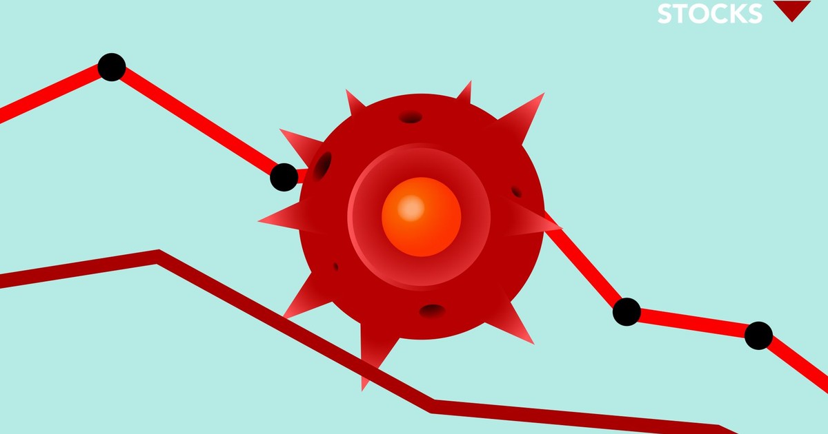 Vector image of red Covid virus against decreasing line graph on blue background