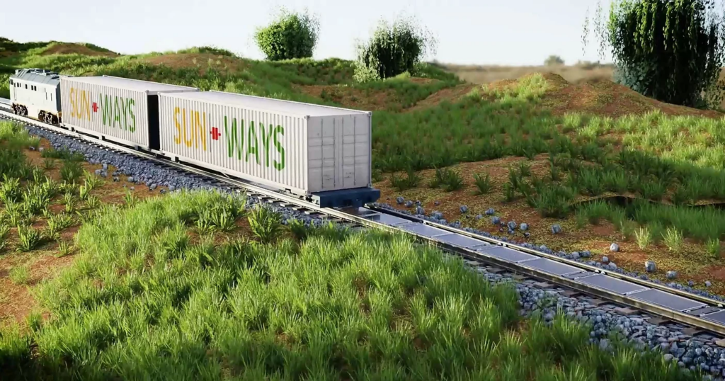 illustration of Sun-Ways train and solar panels on railway tracks 