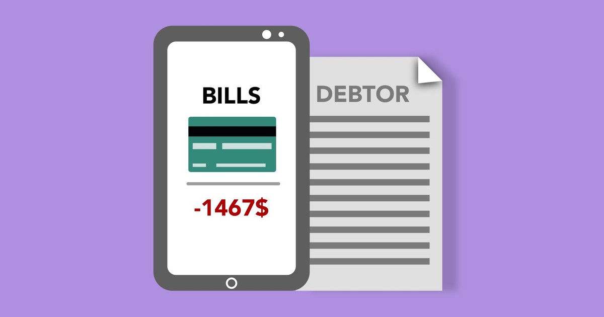 Vector illustration of smartphone with credit card picture and bills inscription placed near debtor document against purple background
